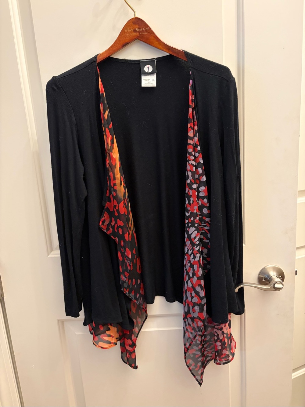Light weight Black Open-Front Cardigan with Red Leopard Print Trim